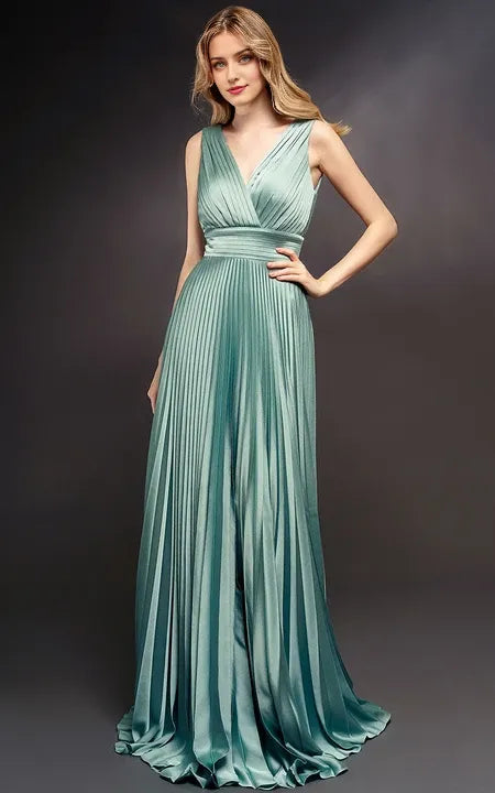 A-line Formal Pleated V-neck Sleeveless Dress with Low-v Back Floor Length Prom Dress/Dress For Formal